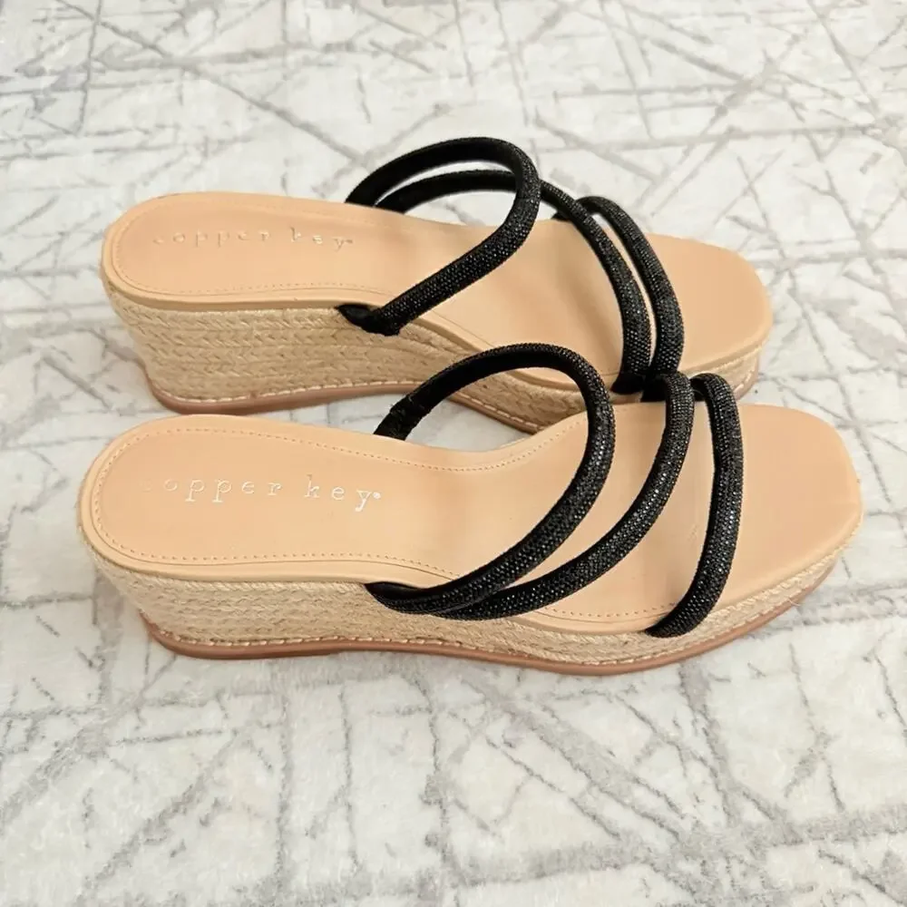 Black Espadrille Platform Wedge Sandals Rhinestone Strappy Slides 8.5 NWOB